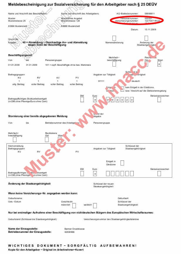 Meldebescheinigung zur Sozialversicherung